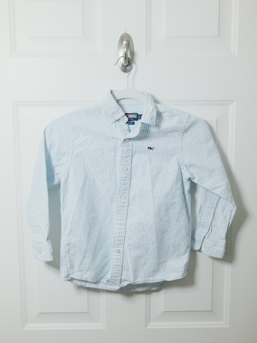 Vineyard Vines Whale Shirt Boys Size 5 Blue White Stripe Button Down